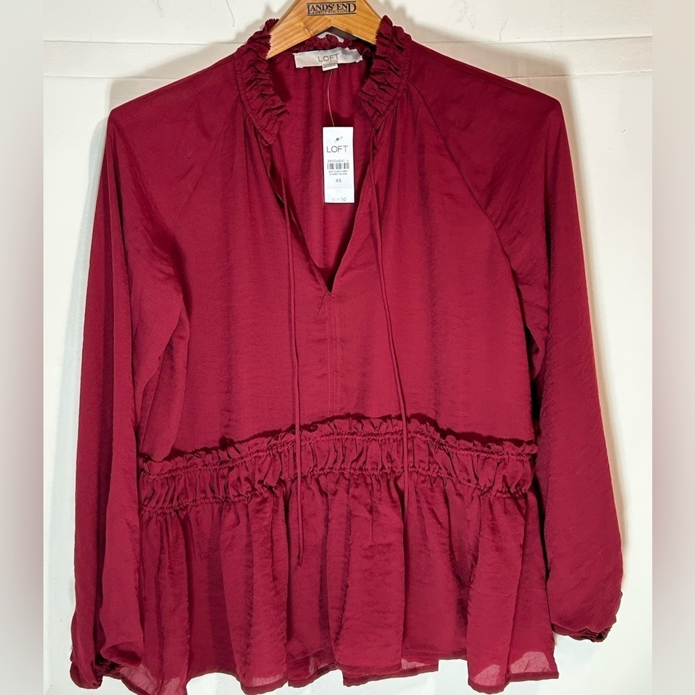 LOFT Burgundy Ruffle Trim Long Sleeve Slit Neck With Tie Blouse. Size XS